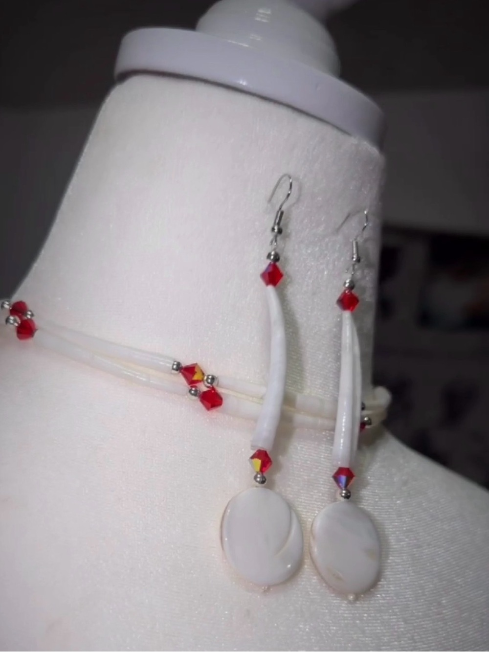 Handcrafted White and Red Beaded Necklace & Drop Earrings Set